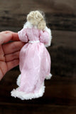 Artisan-Made Vintage 1:12 Dollhouse Porcelain Bisque Seated Woman Figurine in Pink Bathrobe