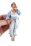 Artisan-Made Vintage 1:12 Dollhouse Porcelain Bisque Seated Flapper Woman Figurine in Blue & Beige Dress