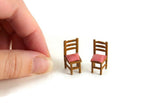 Artisan-Made Vintage 1:48 Quarter Scale Miniature Dollhouse Set of 2 Wooden Dining Chairs with Red & White Checked Cushions