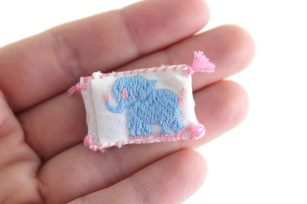 Artisan-Made Vintage 1:12 Miniature Dollhouse White & Pink Baby Pillow with Blue Embroidered Elephant