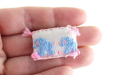 Artisan-Made Vintage 1:12 Miniature Dollhouse White & Pink Baby Pillow with Blue Embroidered Elephant