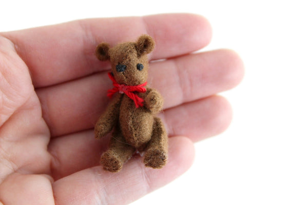 Artisan-Made Vintage 1:12 Miniature Dollhouse Brown Plush Poseable Teddy Bear with Red Bow