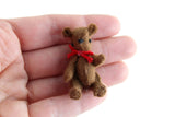 Artisan-Made Vintage 1:12 Miniature Dollhouse Brown Plush Poseable Teddy Bear with Red Bow