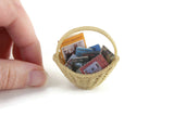 Artisan-Made Vintage 1:12 Miniature Dollhouse Craft Basket of Dollhouse Books & Magazines