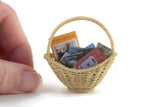 Artisan-Made Vintage 1:12 Miniature Dollhouse Craft Basket of Dollhouse Books & Magazines