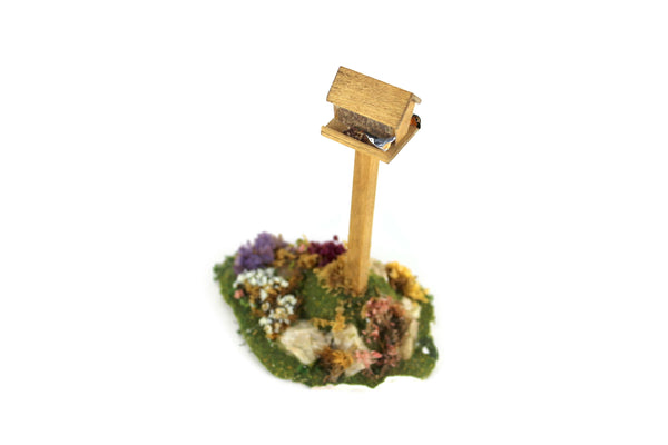 Artisan-Made Vintage 1:12 Miniature Dollhouse Birdfeeder & Flower Bed with Grass & Stones