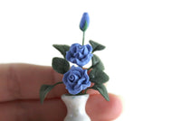 Artisan-Made Vintage 1:12 Miniature Dollhouse Blue Roses in White Vase