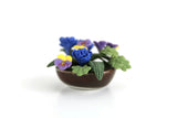 Artisan-Made Vintage 1:12 Miniature Dollhouse Blue, Purple & Yellow Flower Arrangement in Brown Dish