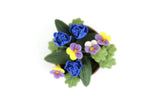 Artisan-Made Vintage 1:12 Miniature Dollhouse Blue, Purple & Yellow Flower Arrangement in Brown Dish