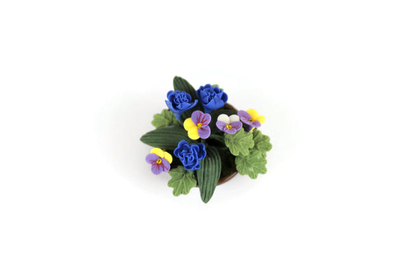 Artisan-Made Vintage 1:12 Miniature Dollhouse Blue, Purple & Yellow Flower Arrangement in Brown Dish