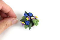 Artisan-Made Vintage 1:12 Miniature Dollhouse Blue, Purple & Yellow Flower Arrangement in Brown Dish