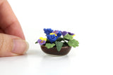 Artisan-Made Vintage 1:12 Miniature Dollhouse Blue, Purple & Yellow Flower Arrangement in Brown Dish