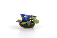 Artisan-Made Vintage 1:12 Miniature Dollhouse Blue, Purple & Yellow Flower Arrangement in Brown Dish