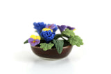 Artisan-Made Vintage 1:12 Miniature Dollhouse Blue, Purple & Yellow Flower Arrangement in Brown Dish