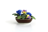 Artisan-Made Vintage 1:12 Miniature Dollhouse Blue, Purple & Yellow Flower Arrangement in Brown Dish