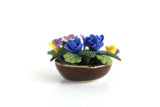 Artisan-Made Vintage 1:12 Miniature Dollhouse Blue, Purple & Yellow Flower Arrangement in Brown Dish