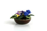 Artisan-Made Vintage 1:12 Miniature Dollhouse Blue, Purple & Yellow Flower Arrangement in Brown Dish