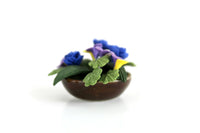 Artisan-Made Vintage 1:12 Miniature Dollhouse Blue, Purple & Yellow Flower Arrangement in Brown Dish