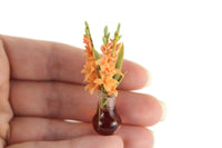 Artisan-Made Vintage 1:12 Miniature Dollhouse Orange Gladiola Flower Stems in Glass Pitcher