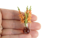 Artisan-Made Vintage 1:12 Miniature Dollhouse Orange Gladiola Flower Stems in Glass Pitcher