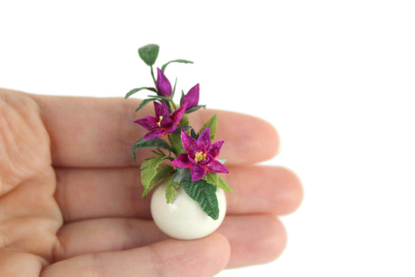 Artisan-Made Vintage 1:12 Miniature Dollhouse Purple Flower Arrangement in White Vase