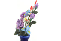 Artisan-Made Vintage 1:12 Miniature Dollhouse Purple & Blue Flower Arrangement in Cobalt Blue Vase