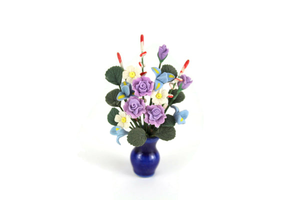 Artisan-Made Vintage 1:12 Miniature Dollhouse Purple & Blue Flower Arrangement in Cobalt Blue Vase