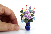 Artisan-Made Vintage 1:12 Miniature Dollhouse Purple & Blue Flower Arrangement in Cobalt Blue Vase