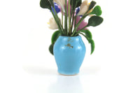 Artisan-Made Vintage 1:12 Miniature Dollhouse Purple & Yellow Flower Arrangement in Blue Vase