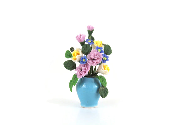 Artisan-Made Vintage 1:12 Miniature Dollhouse Purple & Yellow Flower Arrangement in Blue Vase