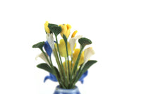 Artisan-Made Vintage 1:12 Miniature Dollhouse Blue & Yellow Flower Arrangement in Blue Vase