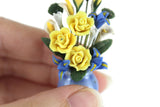 Artisan-Made Vintage 1:12 Miniature Dollhouse Blue & Yellow Flower Arrangement in Blue Vase