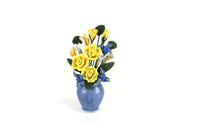 Artisan-Made Vintage 1:12 Miniature Dollhouse Blue & Yellow Flower Arrangement in Blue Vase