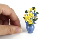 Artisan-Made Vintage 1:12 Miniature Dollhouse Blue & Yellow Flower Arrangement in Blue Vase