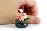 Artisan-Made Vintage 1:12 Miniature Dollhouse Pink & Yellow Flower Arrangement in Black Dish