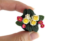 Artisan-Made Vintage 1:12 Miniature Dollhouse Pink & Yellow Flower Arrangement in Black Dish