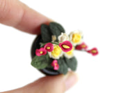 Artisan-Made Vintage 1:12 Miniature Dollhouse Pink & Yellow Flower Arrangement in Black Dish