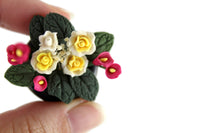 Artisan-Made Vintage 1:12 Miniature Dollhouse Pink & Yellow Flower Arrangement in Black Dish