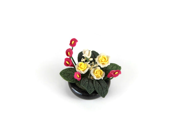 Artisan-Made Vintage 1:12 Miniature Dollhouse Pink & Yellow Flower Arrangement in Black Dish