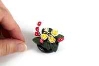 Artisan-Made Vintage 1:12 Miniature Dollhouse Pink & Yellow Flower Arrangement in Black Dish