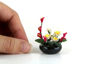 Artisan-Made Vintage 1:12 Miniature Dollhouse Pink & Yellow Flower Arrangement in Black Dish