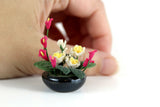 Artisan-Made Vintage 1:12 Miniature Dollhouse Pink & Yellow Flower Arrangement in Black Dish