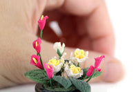 Artisan-Made Vintage 1:12 Miniature Dollhouse Pink & Yellow Flower Arrangement in Black Dish