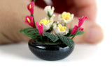 Artisan-Made Vintage 1:12 Miniature Dollhouse Pink & Yellow Flower Arrangement in Black Dish