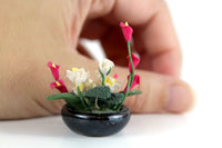 Artisan-Made Vintage 1:12 Miniature Dollhouse Pink & Yellow Flower Arrangement in Black Dish