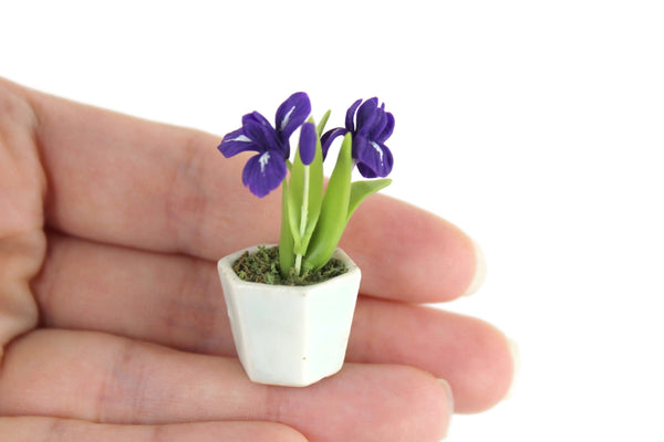 Artisan-Made Vintage 1:12 Miniature Dollhouse Purple Iris Potted Plant