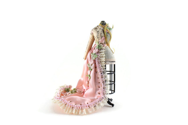 Artisan-Made Vintage 1:12 Miniature Dollhouse Pink Dress in Progress on Dress Form
