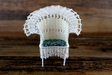 Artisan-Made Vintage 1:12 Miniature Dollhouse White Wicker Chair with Green Floral Cushion Signed by Artist