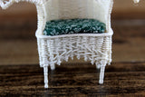 Artisan-Made Vintage 1:12 Miniature Dollhouse White Wicker Chair with Green Floral Cushion Signed by Artist