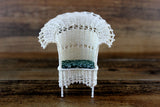 Artisan-Made Vintage 1:12 Miniature Dollhouse White Wicker Chair with Green Floral Cushion Signed by Artist